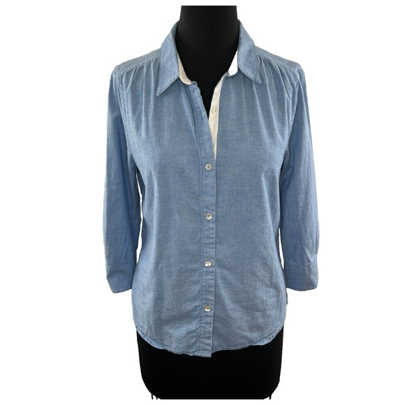 7 For All Mankind Chambray White Detail Button Down 3/4 Sleeve Shirt M Medium - Picture 1 of 8
